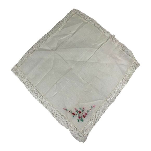 Vintage 10” Floral Bouquet Embroidered Handkerchief With Wide Thick Lace Trim - Picture 3 of 3